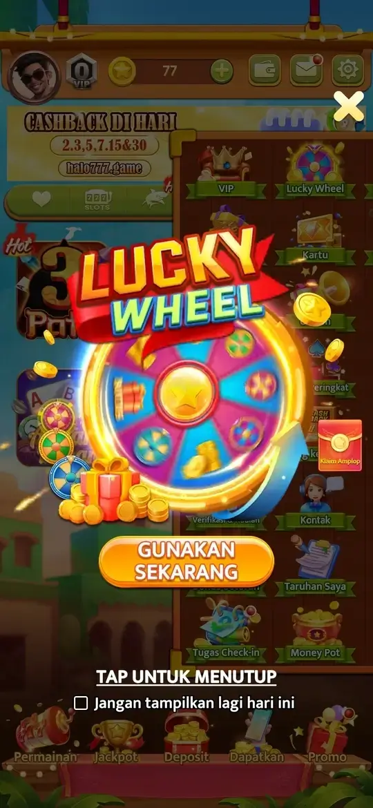 Lucky Wheel dan tampilan halaman utama aplikasi